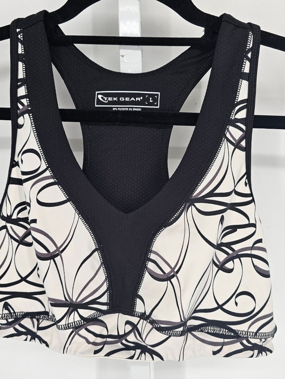 Tek Gear Womens Sz L Racerback Sports Bra Black White Abstract Print